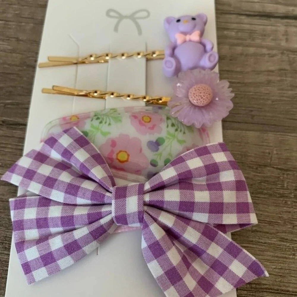 Hair clips Purple Hair accessories fashion bear flower ribbon hair pin 4PC set